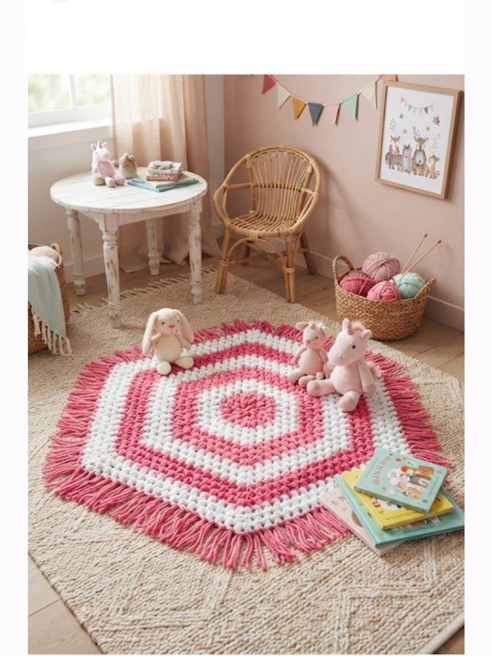 Handmade Hexagon Crochet Accent Rug / Table Topper - Pink & White